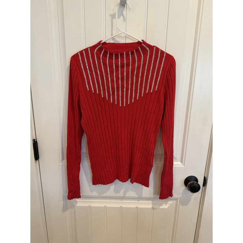 INC International Concepts Sweater Womens L Red Rhinestone Ribbed Mock Neck